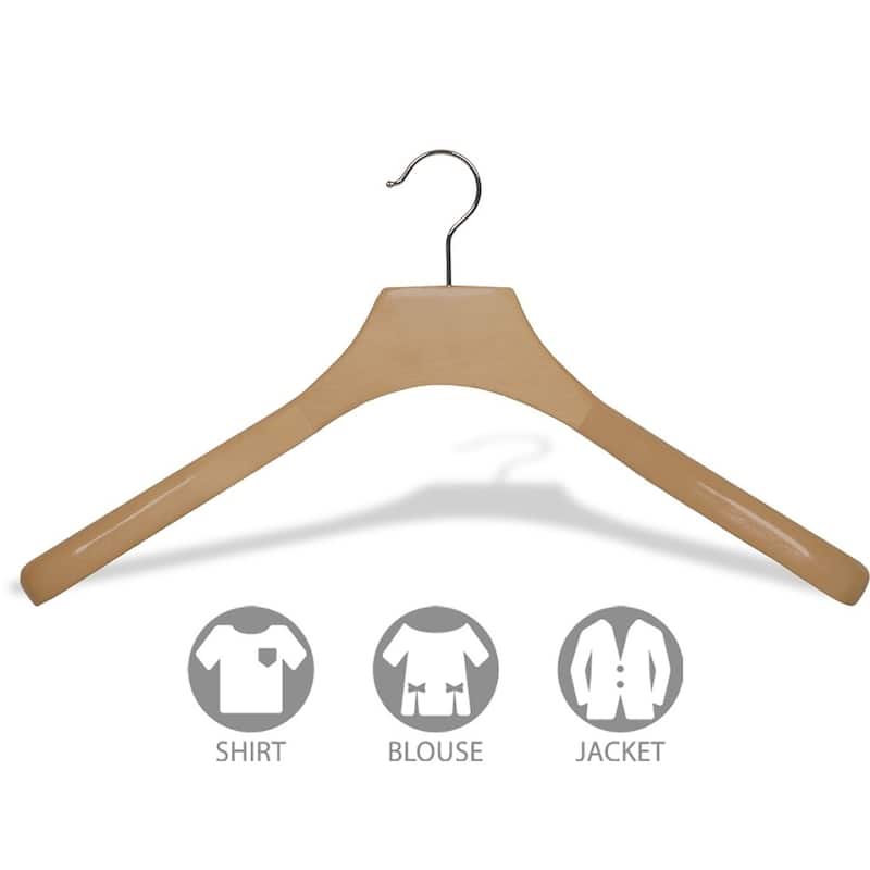 Deluxe Wooden Coat Hanger with Natural Finish and Chrome Swivel Hook, Contoured Hangers with 2 Inch Shoulders