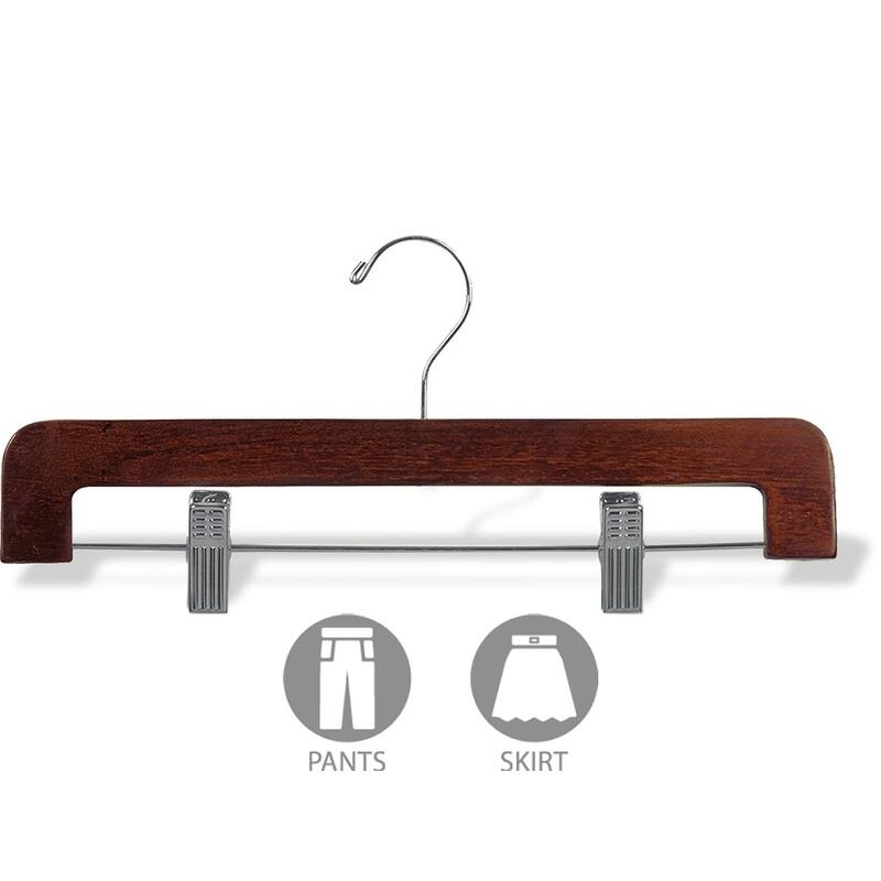 Deluxe Rounded Wooden Pant Hanger with Walnut Finish and Adjustable Cushion Clips, Flat Bottom Hangers with Chrome Hook