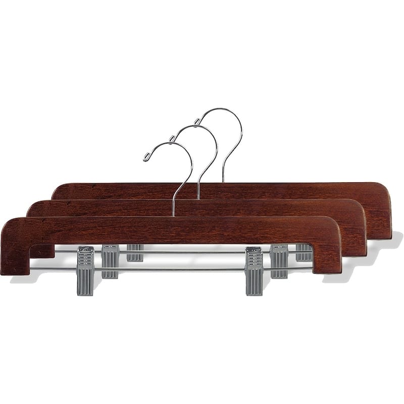 Deluxe Rounded Wooden Pant Hanger with Walnut Finish and Adjustable Cushion Clips, Flat Bottom Hangers with Chrome Hook