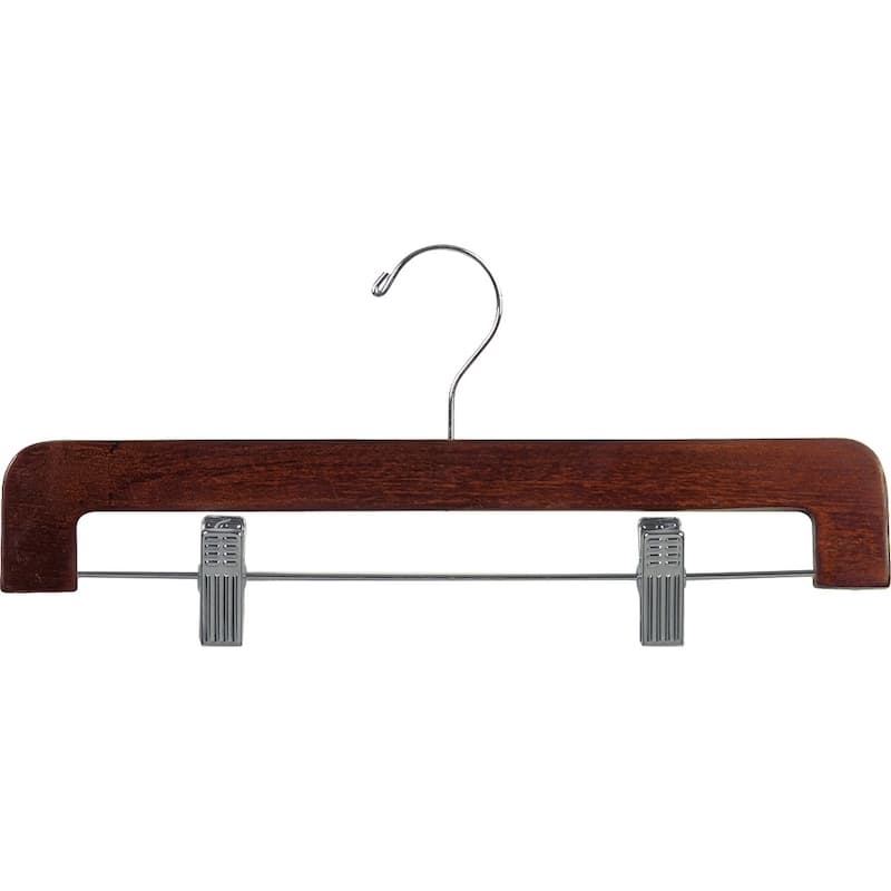 Deluxe Rounded Wooden Pant Hanger with Walnut Finish and Adjustable Cushion Clips, Flat Bottom Hangers with Chrome Hook