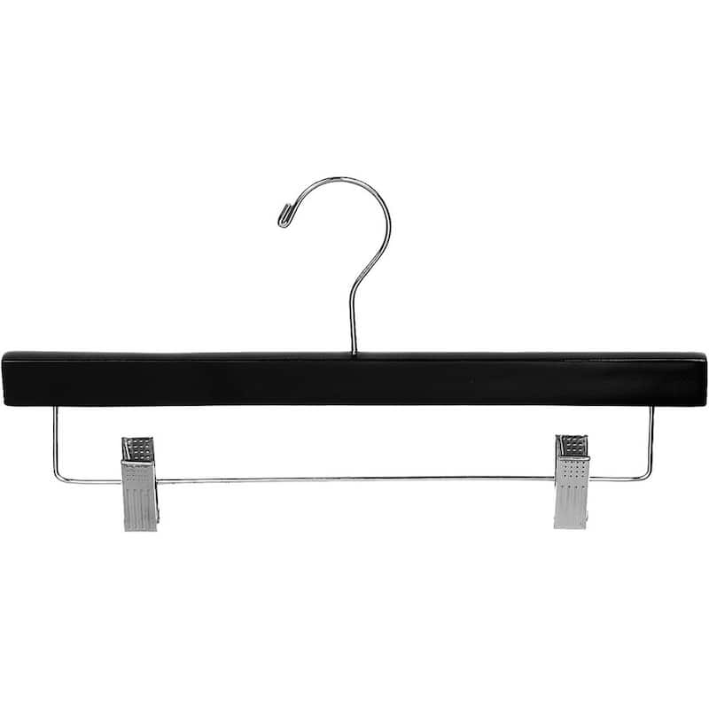 Black Rubberized Wooden Pant Hanger with Adjustable Cushion Clips, Rubber Coated Bottom Hangers with Chrome Swivel Hook