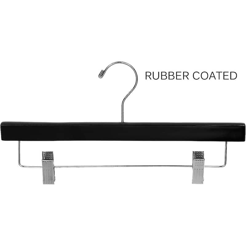 Black Rubberized Wooden Pant Hanger with Adjustable Cushion Clips, Rubber Coated Bottom Hangers with Chrome Swivel Hook