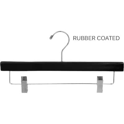 Black Rubberized Wooden Pant Hanger with Adjustable Cushion Clips, Rubber Coated Bottom Hangers with Chrome Swivel Hook