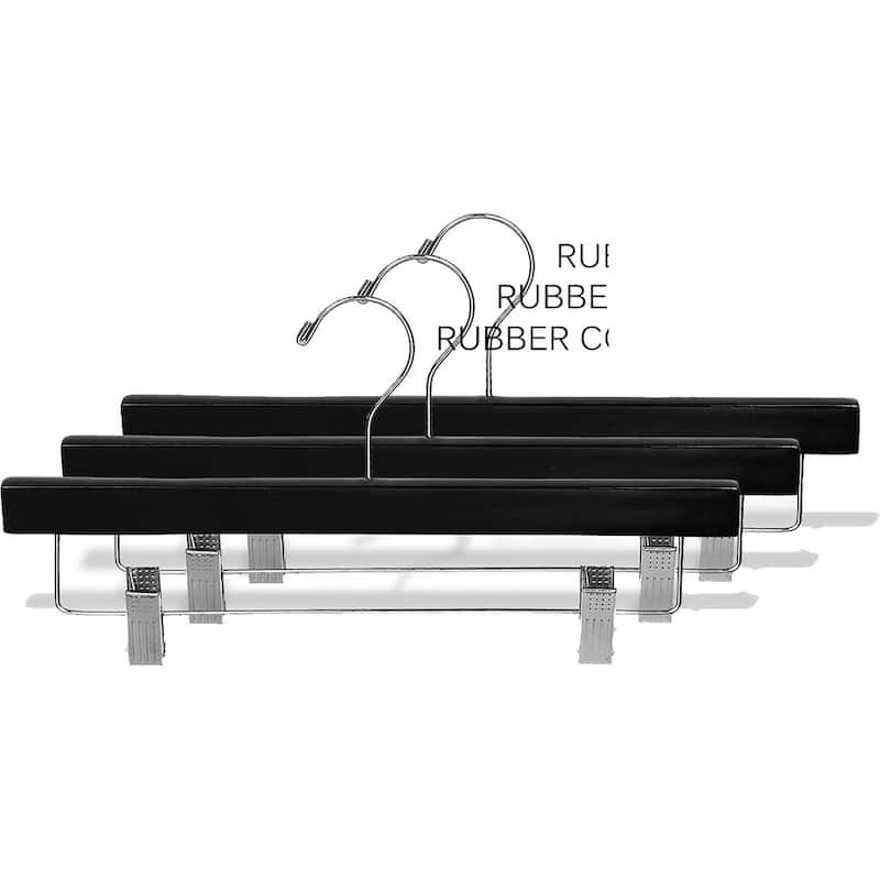 Black Rubberized Wooden Pant Hanger with Adjustable Cushion Clips, Rubber Coated Bottom Hangers with Chrome Swivel Hook