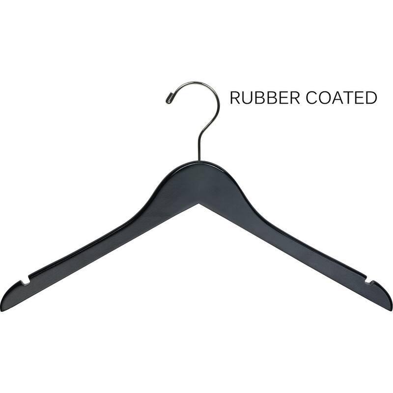 Black Rubberized Wooden Top Hangers, Space Saving Flat Rubber Coated Hangers with Chrome Swivel Hook & Notches