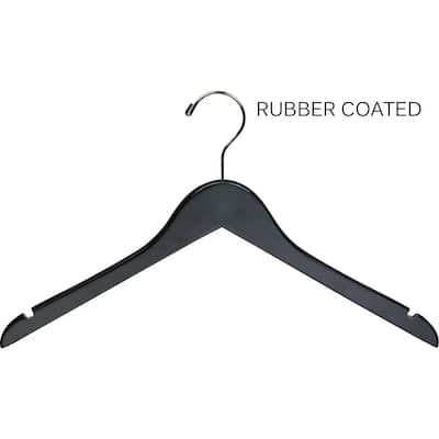 Black Rubberized Wooden Top Hangers, Space Saving Flat Rubber Coated Hangers with Chrome Swivel Hook & Notches