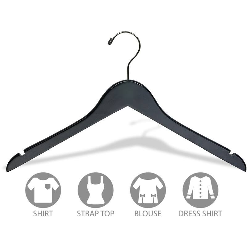 Black Rubberized Wooden Top Hangers, Space Saving Flat Rubber Coated Hangers with Chrome Swivel Hook & Notches
