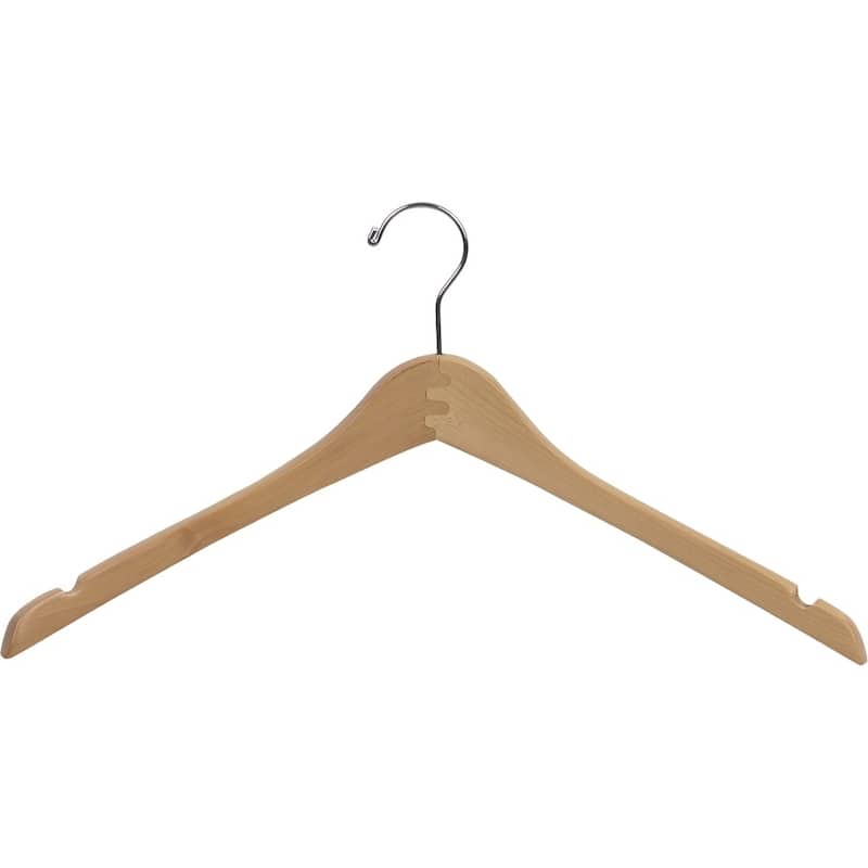 Curved Wooden Top Hanger with Natural Finish, 1/2 Inch Thick Hangers with Chrome Swivel Hook & Notches For Hanging Straps