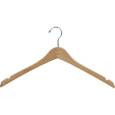 Curved Wooden Top Hanger with Natural Finish, 1/2 Inch Thick Hangers with Chrome Swivel Hook & Notches For Hanging Straps