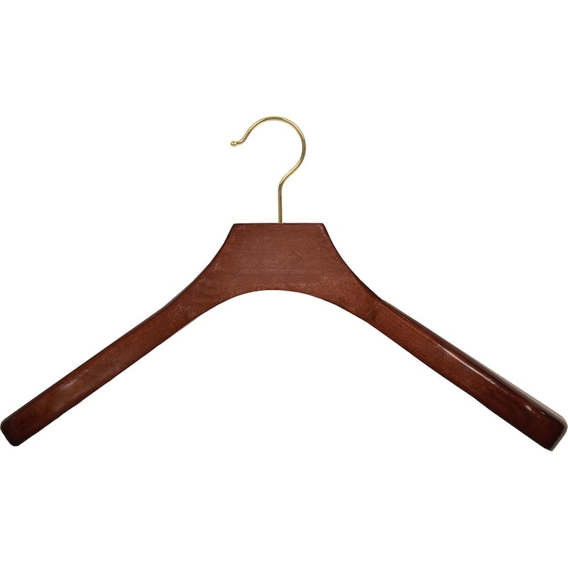 Deluxe Wooden Coat Hanger with Walnut Finish and Brass Swivel Hook, Contoured Hangers with 2 Inch Shoulders