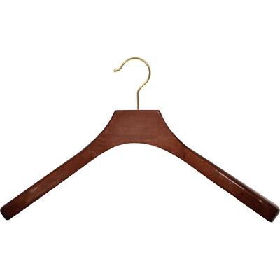 Deluxe Wooden Coat Hanger with Walnut Finish and Brass Swivel Hook, Contoured Hangers with 2 Inch Shoulders