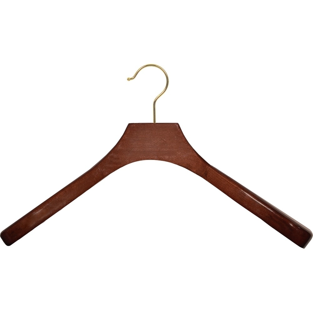 Deluxe Wooden Coat Hanger with Walnut Finish and Brass Swivel Hook, Contoured Hangers with 2 Inch Shoulders