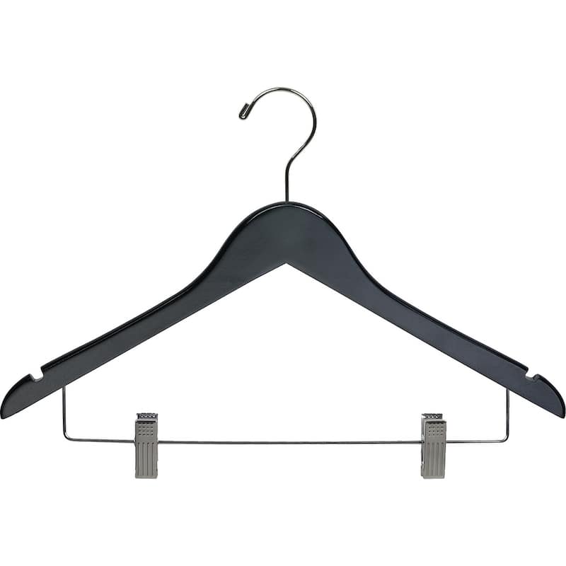 Black Rubberized Wooden Combo Hangers with Adjustable Cushion Clips, Flat Rubber Coated Hangers with Chrome Hook & Notches
