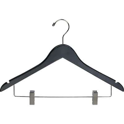 Black Rubberized Wooden Combo Hangers with Adjustable Cushion Clips, Flat Rubber Coated Hangers with Chrome Hook & Notches