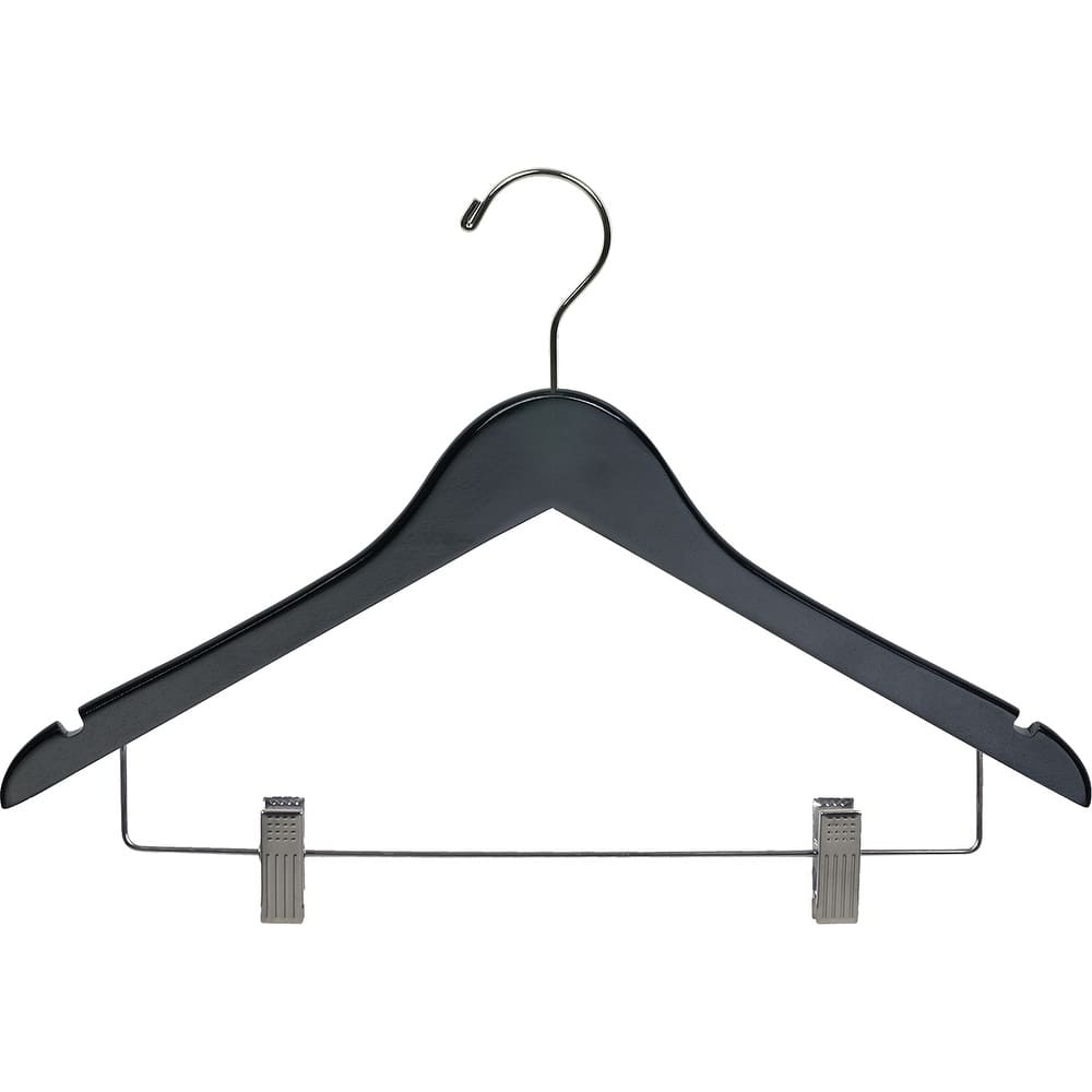Black Rubberized Wooden Combo Hangers with Adjustable Cushion Clips, Flat Rubber Coated Hangers with Chrome Hook & Notches