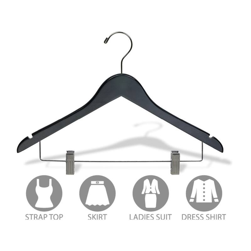 Black Rubberized Wooden Combo Hangers with Adjustable Cushion Clips, Flat Rubber Coated Hangers with Chrome Hook & Notches