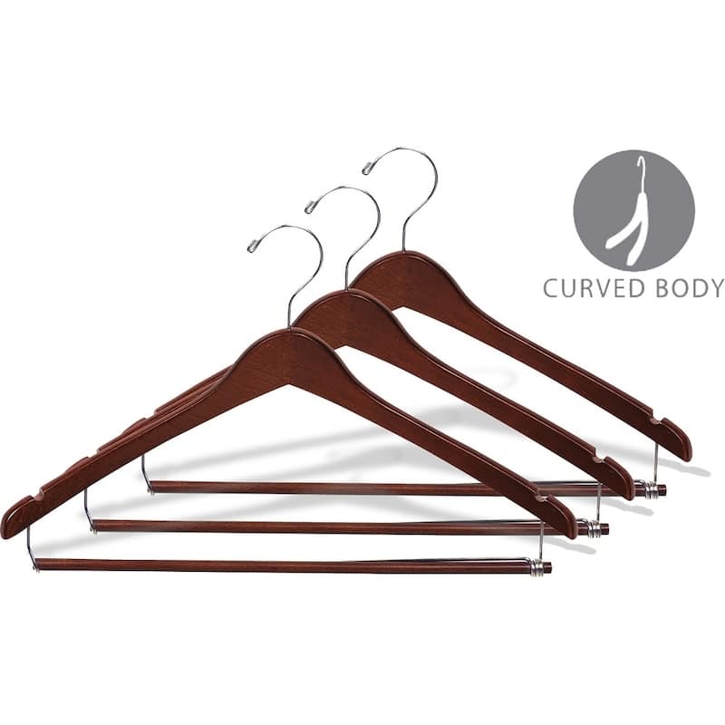 Curved Wooden Suit Hanger with Walnut Finish & Locking Pant Bar, 1/2 Inch Thick Hangers with Polished Chrome Swivel Hook