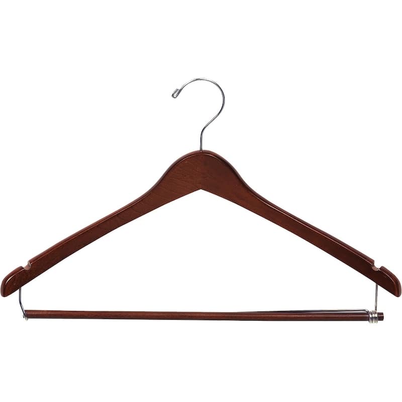 Curved Wooden Suit Hanger with Walnut Finish & Locking Pant Bar, 1/2 Inch Thick Hangers with Polished Chrome Swivel Hook
