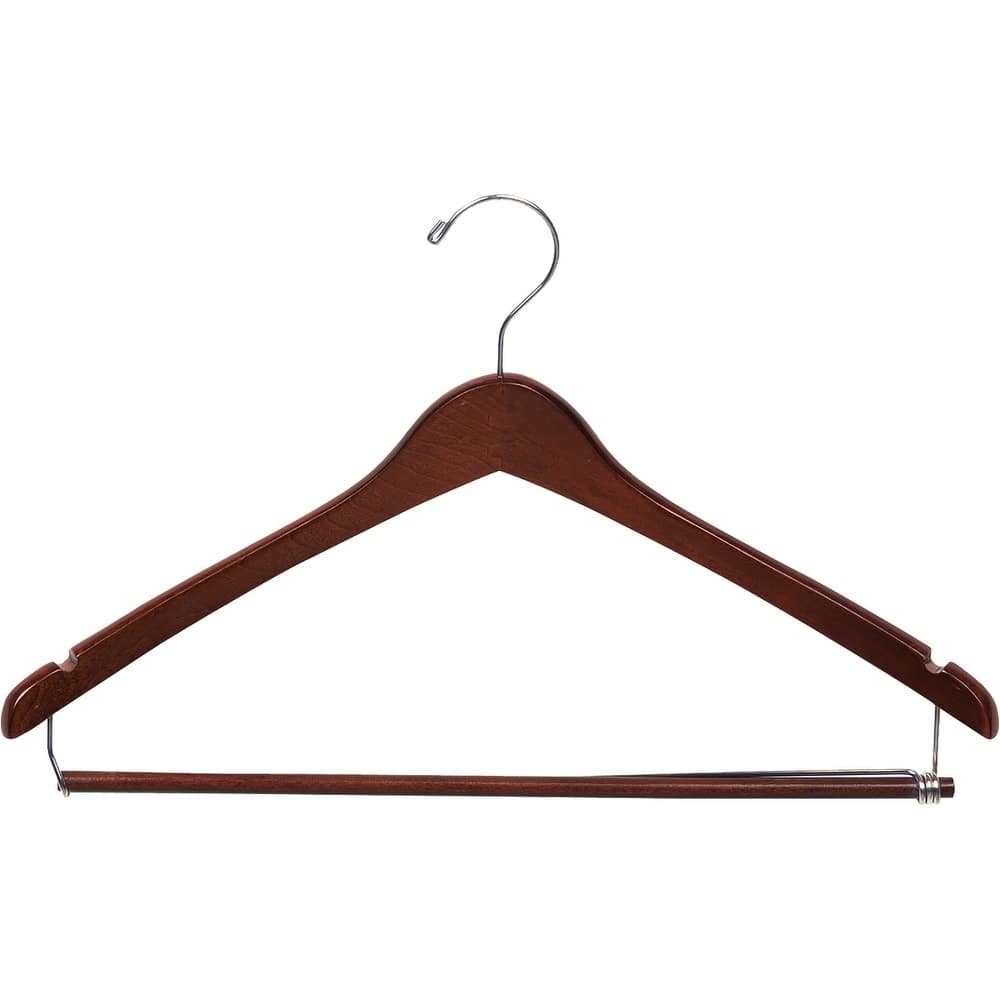 Curved Wooden Suit Hanger with Walnut Finish & Locking Pant Bar, 1/2 Inch Thick Hangers with Polished Chrome Swivel Hook