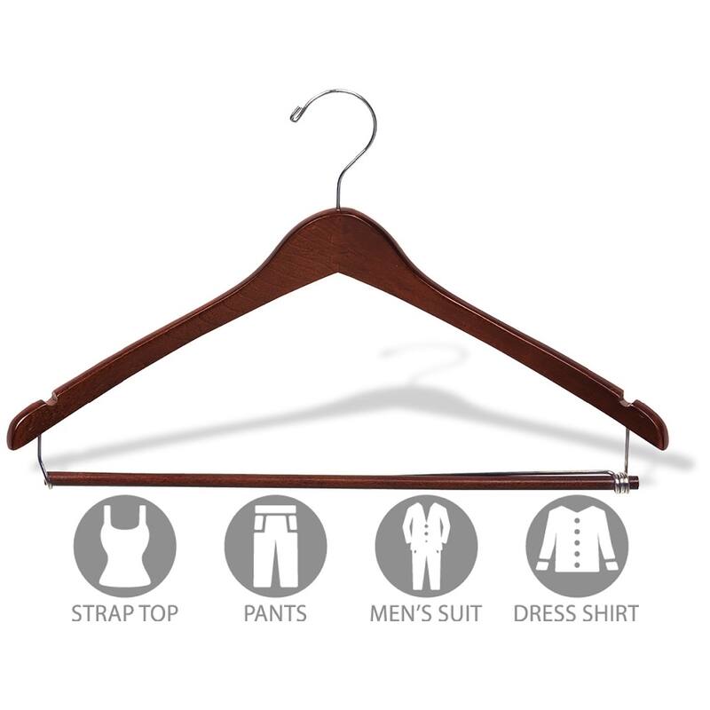 Curved Wooden Suit Hanger with Walnut Finish & Locking Pant Bar, 1/2 Inch Thick Hangers with Polished Chrome Swivel Hook