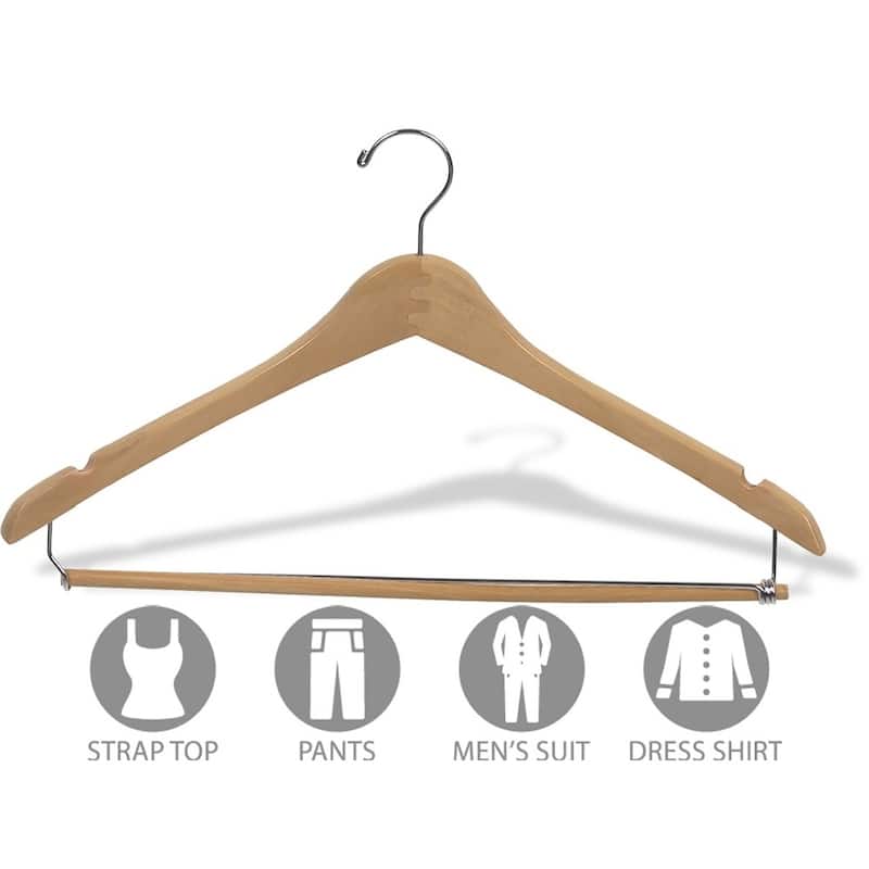 Curved Wooden Suit Hanger with Natural Finish & Locking Pant Bar, 1/2 Inch Thick Hangers with Chrome Swivel Hook