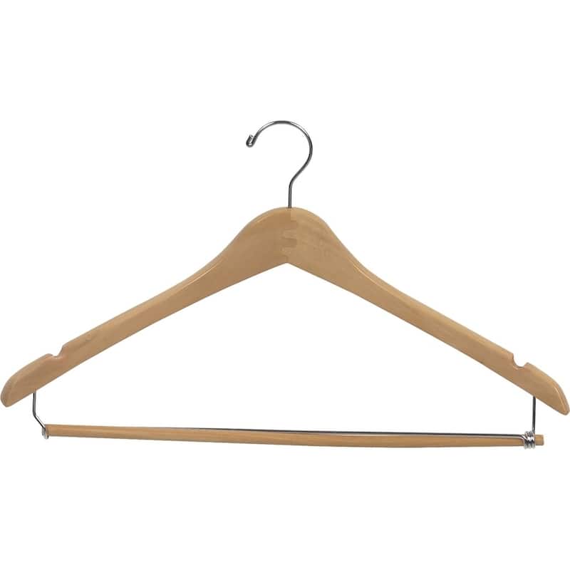 Curved Wooden Suit Hanger with Natural Finish & Locking Pant Bar, 1/2 Inch Thick Hangers with Chrome Swivel Hook