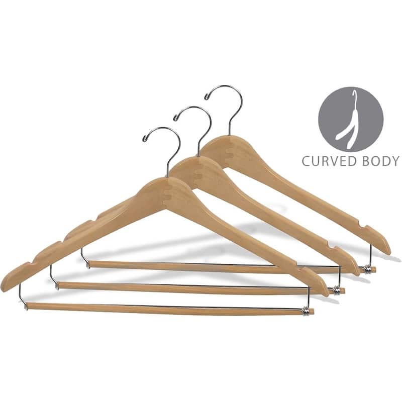 Curved Wooden Suit Hanger with Natural Finish & Locking Pant Bar, 1/2 Inch Thick Hangers with Chrome Swivel Hook