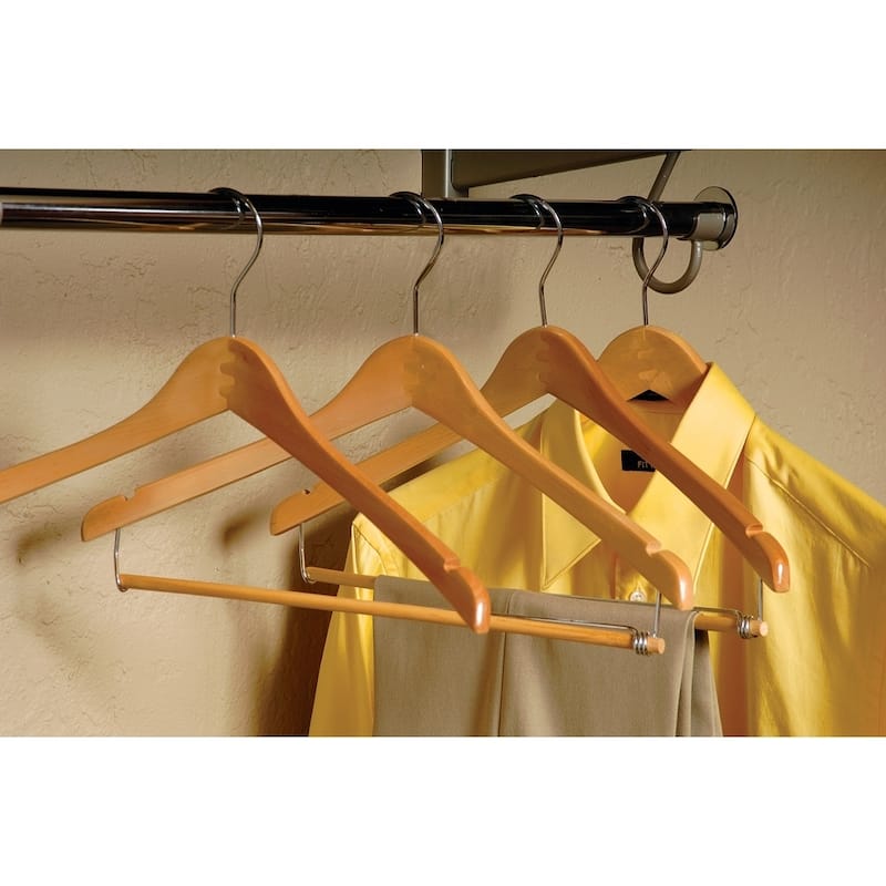 Curved Wooden Suit Hanger with Natural Finish & Locking Pant Bar, 1/2 Inch Thick Hangers with Chrome Swivel Hook