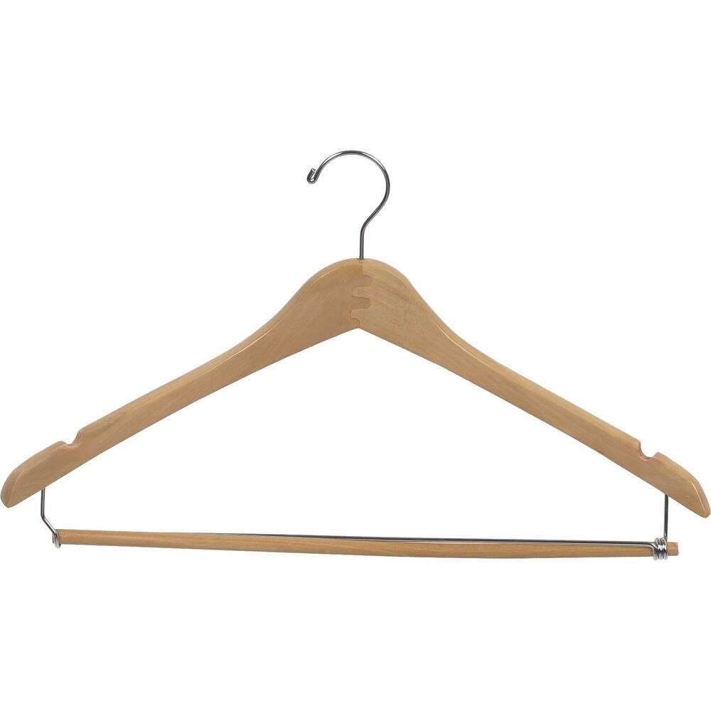 Curved Wooden Suit Hanger with Natural Finish & Locking Pant Bar, 1/2 Inch Thick Hangers with Chrome Swivel Hook