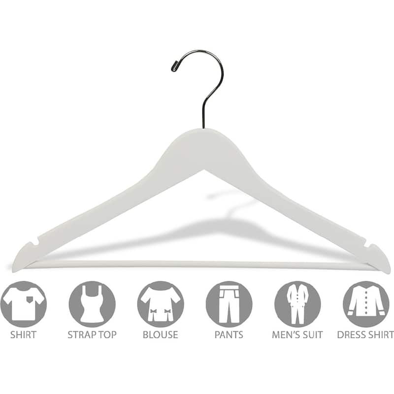 White Rubberized Wooden Suit Hanger with Solid Wood Bar, Flat 17 Inch Rubber Coated Hangers with Chrome Swivel Hook & Notches