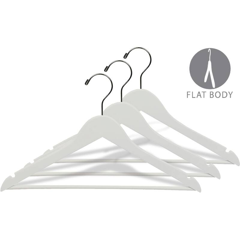 White Rubberized Wooden Suit Hanger with Solid Wood Bar, Flat 17 Inch Rubber Coated Hangers with Chrome Swivel Hook & Notches
