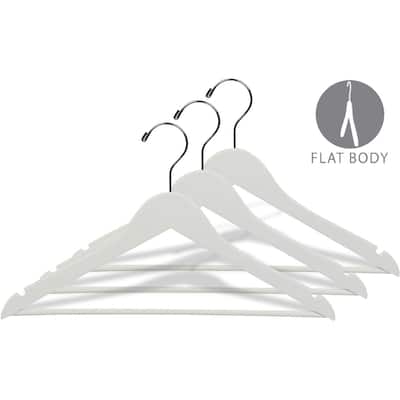 White Rubberized Wooden Suit Hanger with Solid Wood Bar, Flat 17 Inch Rubber Coated Hangers with Chrome Swivel Hook & Notches