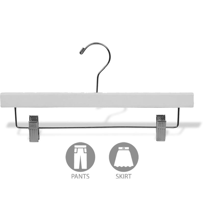White Rubberized Wooden Pant Hanger with Adjustable Cushion Clips, Rubber Coated Bottom Hangers with Chrome Swivel Hook