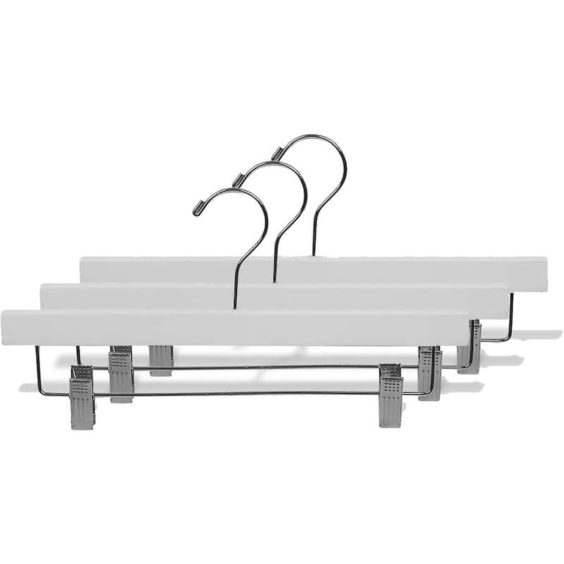 White Rubberized Wooden Pant Hanger with Adjustable Cushion Clips, Rubber Coated Bottom Hangers with Chrome Swivel Hook