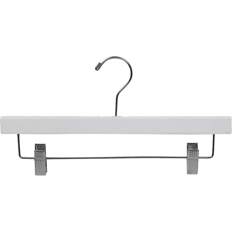 White Rubberized Wooden Pant Hanger with Adjustable Cushion Clips, Rubber Coated Bottom Hangers with Chrome Swivel Hook