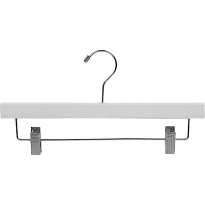 White Rubberized Wooden Pant Hanger with Adjustable Cushion Clips, Rubber Coated Bottom Hangers with Chrome Swivel Hook
