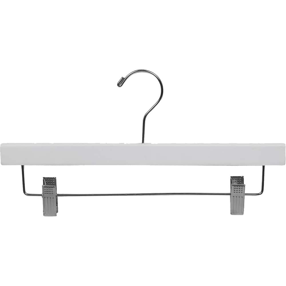 White Rubberized Wooden Pant Hanger with Adjustable Cushion Clips, Rubber Coated Bottom Hangers with Chrome Swivel Hook