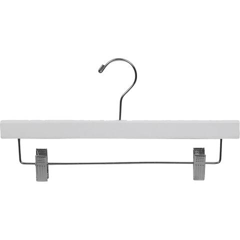 White Rubberized Wooden Pant Hanger with Adjustable Cushion Clips, Rubber Coated Bottom Hangers with Chrome Swivel Hook