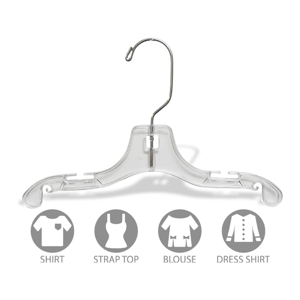 Clear Plastic Kids Top Hanger, Flat Hangers with Notches and Chrome Swivel Hook, 3 Sizes - 10 Inch Box of 25