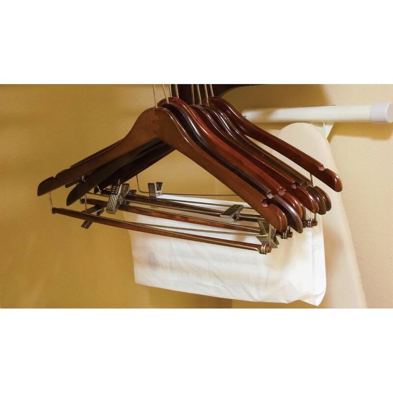 Curved Wooden Combo Hanger with Walnut Finish and Adjustable Cushion Clips, 1/2 Inch Thick Hangers with Chrome Hook & Notches