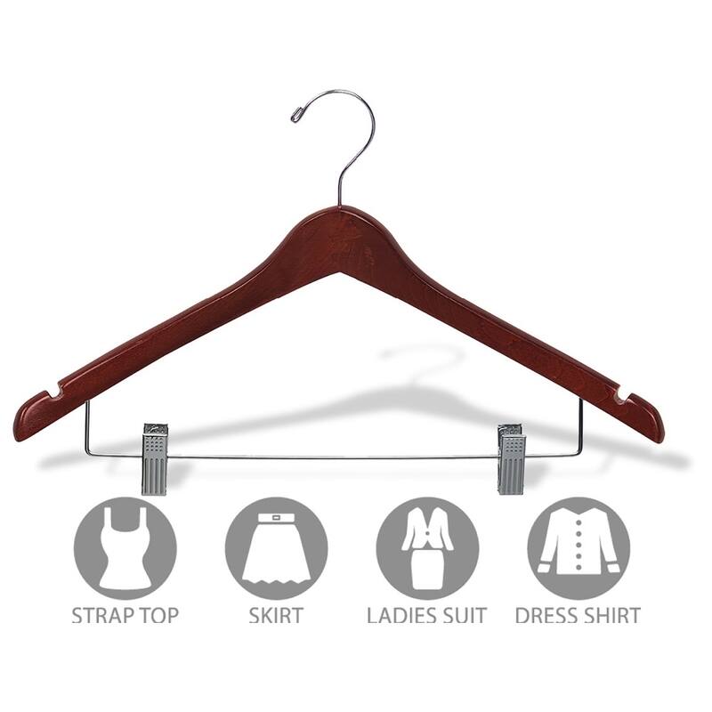 Curved Wooden Combo Hanger with Walnut Finish and Adjustable Cushion Clips, 1/2 Inch Thick Hangers with Chrome Hook & Notches