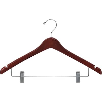 Curved Wooden Combo Hanger with Walnut Finish and Adjustable Cushion Clips, 1/2 Inch Thick Hangers with Chrome Hook & Notches