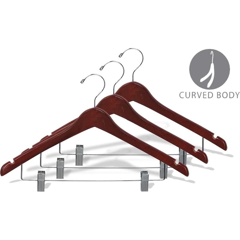 Curved Wooden Combo Hanger with Walnut Finish and Adjustable Cushion Clips, 1/2 Inch Thick Hangers with Chrome Hook & Notches