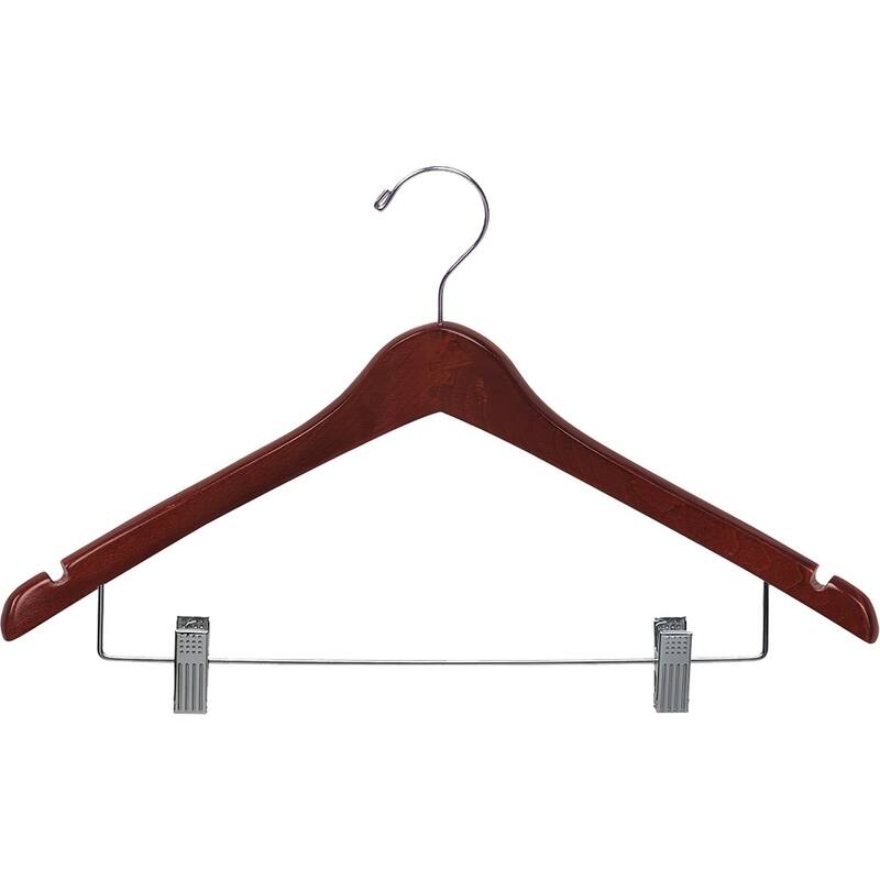 Curved Wooden Combo Hanger with Walnut Finish and Adjustable Cushion Clips, 1/2 Inch Thick Hangers with Chrome Hook & Notches