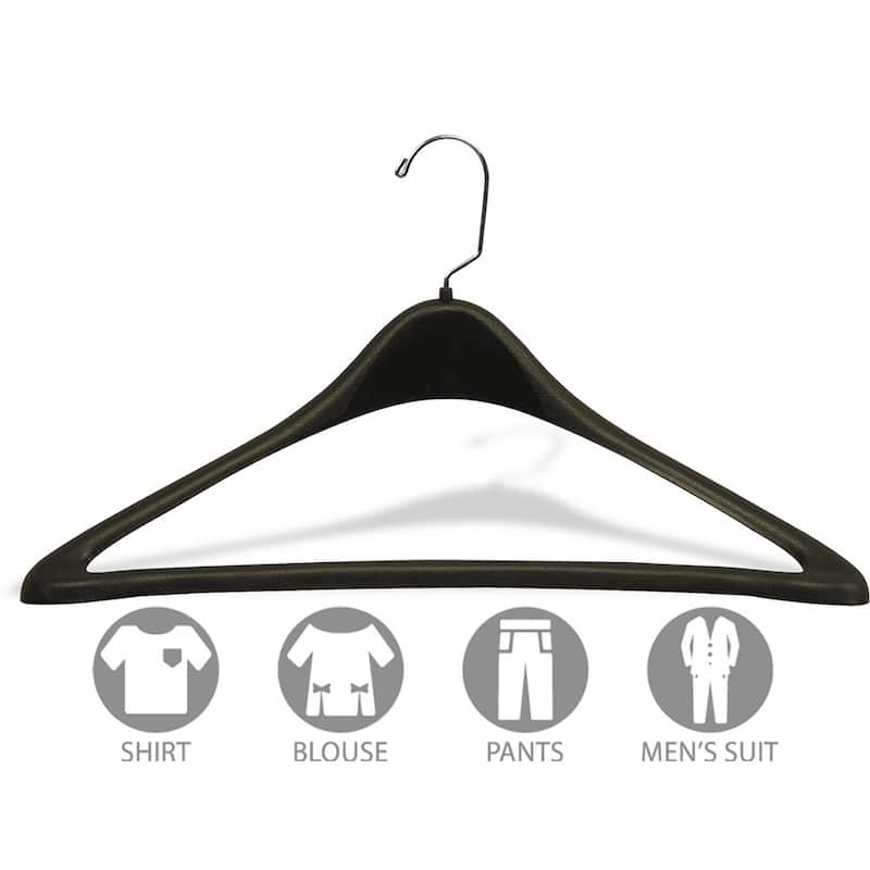 Extra Large Black Plastic Suit Hanger with Fixed Pant Bar, Curved 19 Inch Hangers with Chrome Swivel Hook