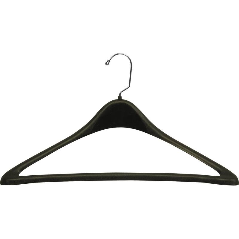 Extra Large Black Plastic Suit Hanger with Fixed Pant Bar, Curved 19 Inch Hangers with Chrome Swivel Hook - box of 100