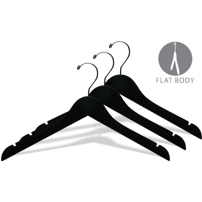Black Velvet Wood Top Hanger, Space Saving 17 Inch Flat Hangers with Non-Slip Velvet Flocking, Chrome Swivel Hook & Notches