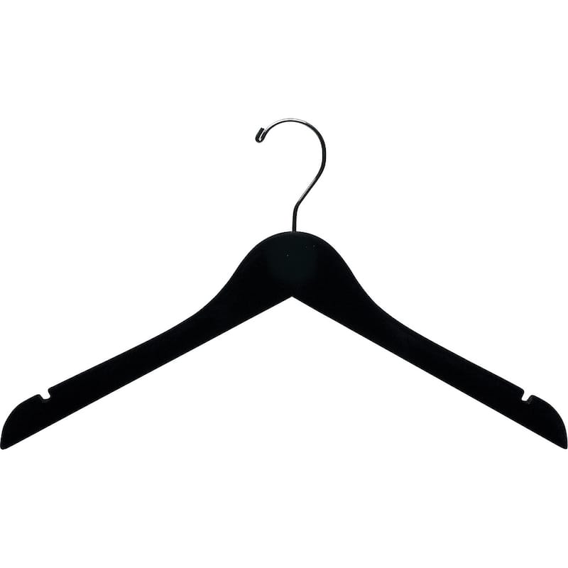Black Velvet Wood Top Hanger, Space Saving 17 Inch Flat Hangers with Non-Slip Velvet Flocking, Chrome Swivel Hook & Notches