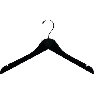 Black Velvet Wood Top Hanger, Space Saving 17 Inch Flat Hangers with Non-Slip Velvet Flocking, Chrome Swivel Hook & Notches