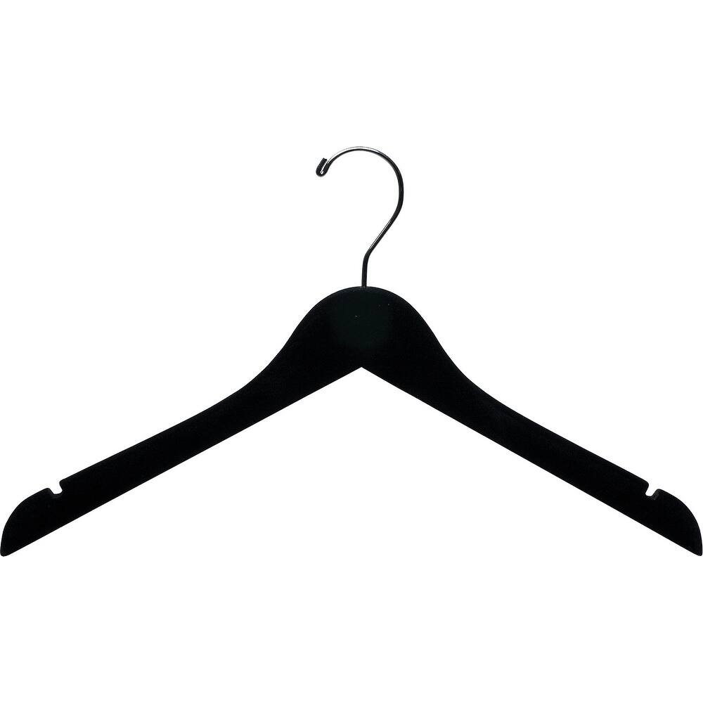 Black Velvet Wood Top Hanger, Space Saving 17 Inch Flat Hangers with Non-Slip Velvet Flocking, Chrome Swivel Hook & Notches